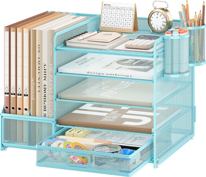 5-Tier Desk Organiser with File Holder, Paper Trays & Drawer- Grey