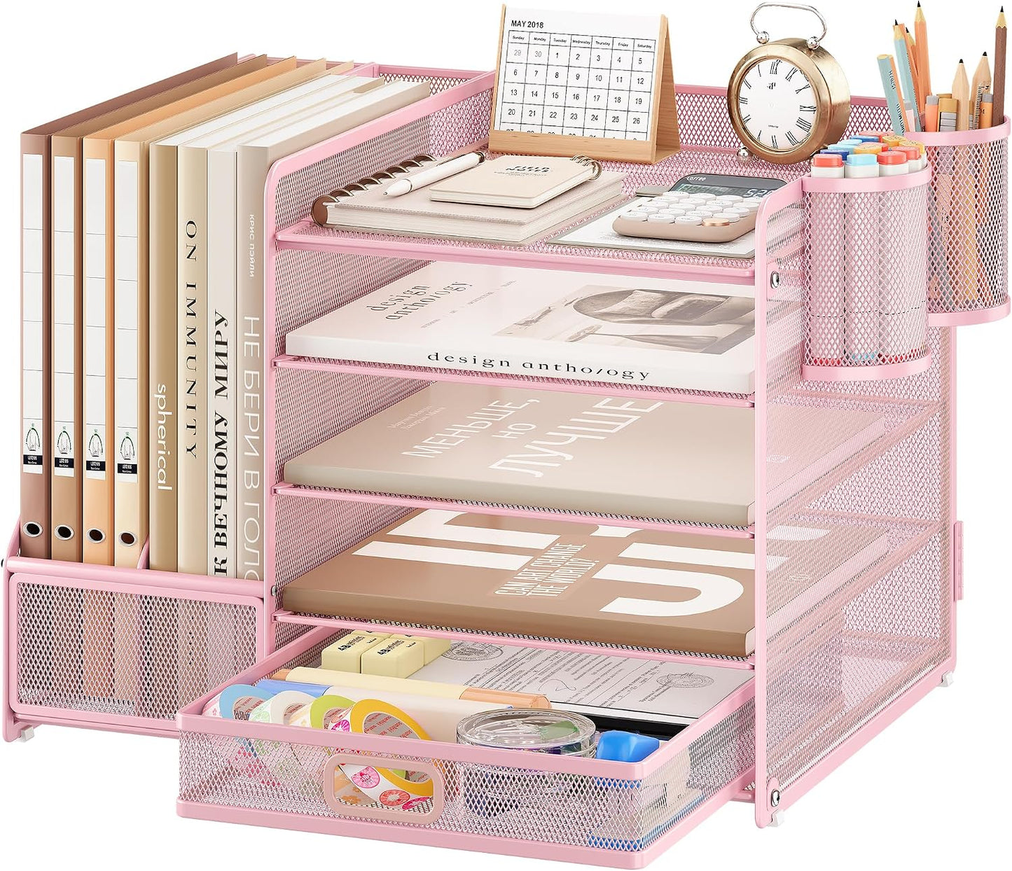 5-Tier Desk Organiser with File Holder, Paper Trays & Drawer- Grey