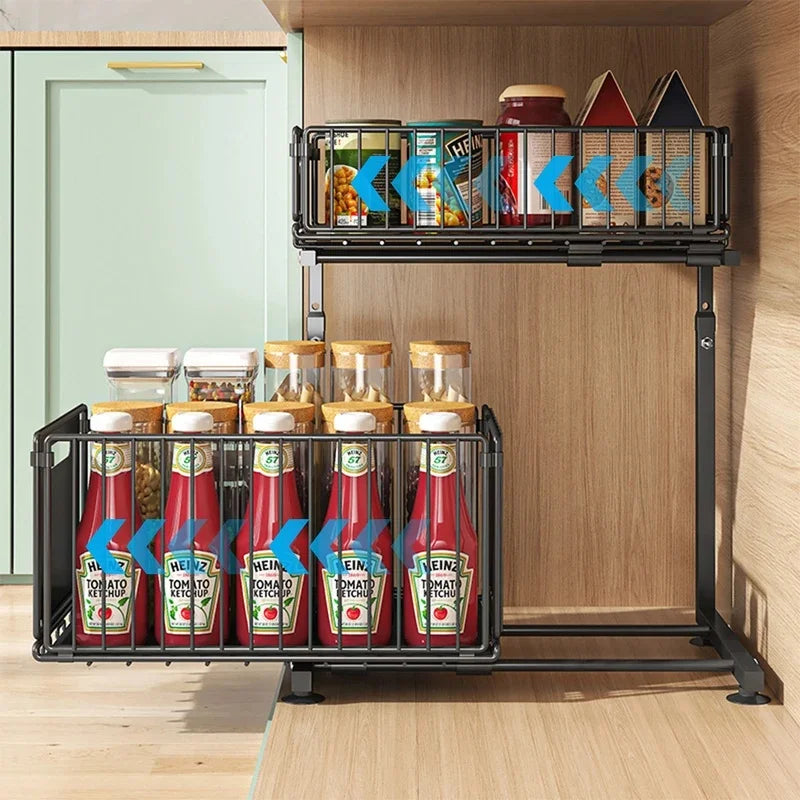 2 Tier Adjustable Pull Out under Sink Organizer Slide Drawer Kitchen Spice Jar Storage Rack Cabinet Shelf