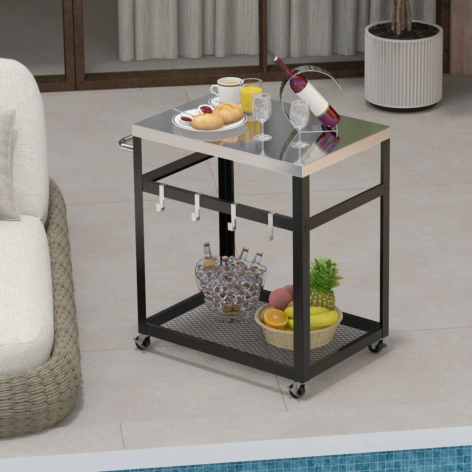 2-Tier Stainless Steel Grill Cart with Wheels and Handle