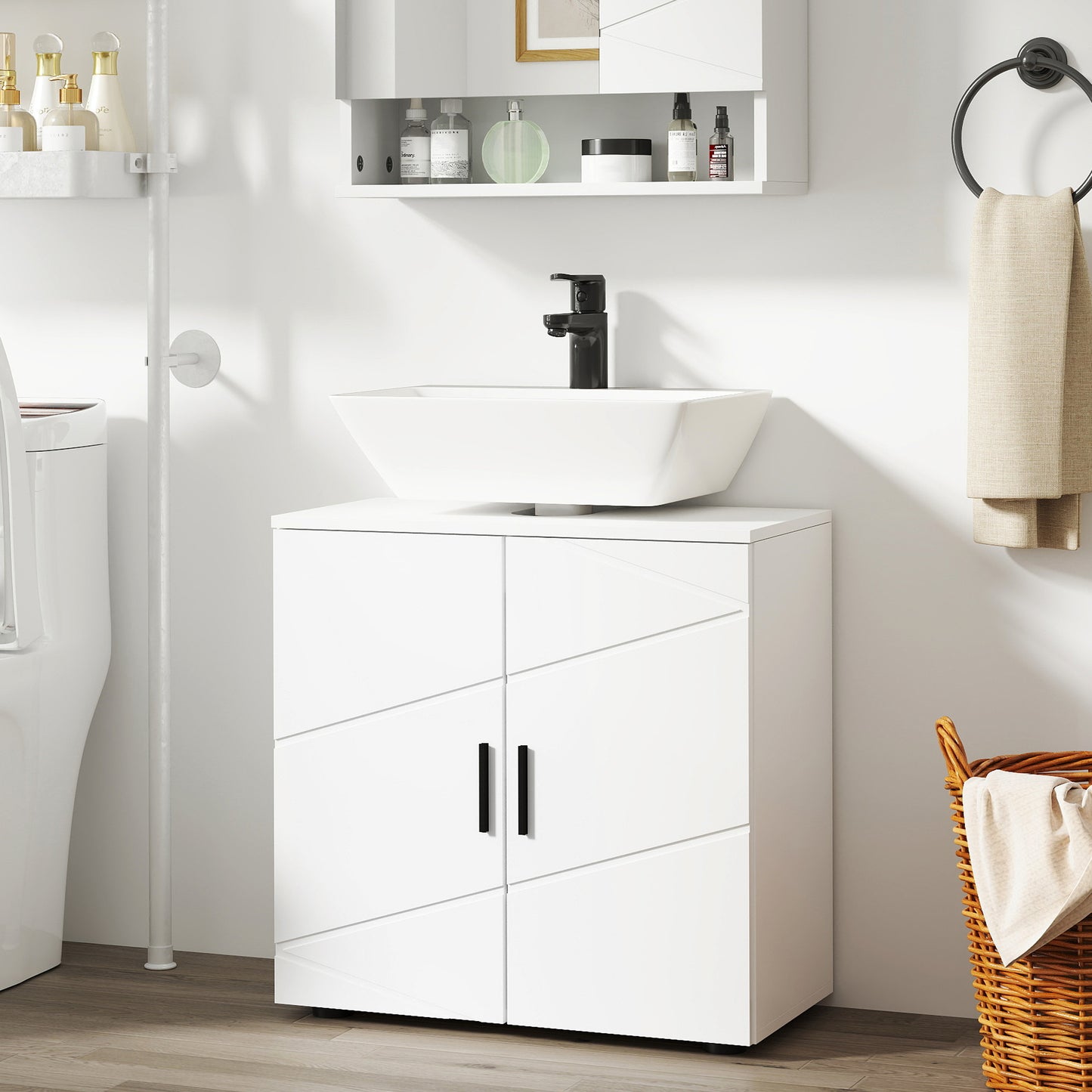 Pedestal Sink Cabinet with Double Doors and Shelf, 60 X 30 X 60 Cm, Light Grey