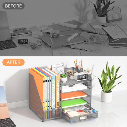5-Tier Desk Organiser with File Holder, Paper Trays & Drawer- Grey