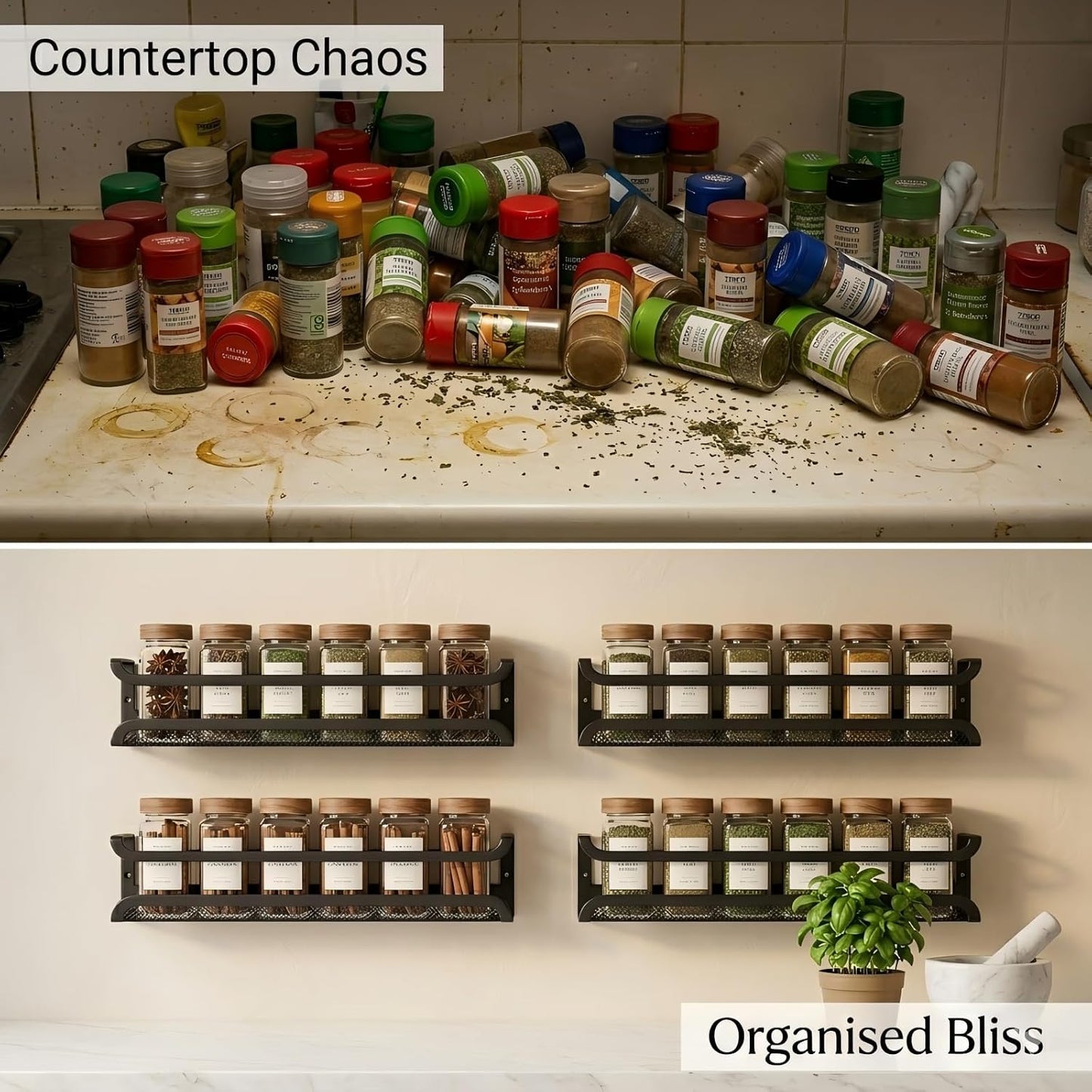 Spice Rack Organiser - 4 Tier Kitchen Wall Mounted Storage Shelves for Spice Jars and Seasoning, Adhesive Hanging Cupboard Door Organizers for Pantry, Black Metal Shelf for Spices & Condiments