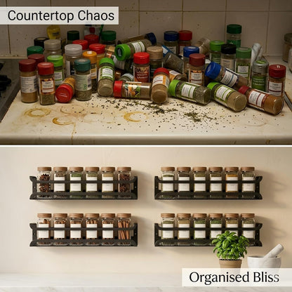 Spice Rack Organiser - 4 Tier Kitchen Wall Mounted Storage Shelves for Spice Jars and Seasoning, Adhesive Hanging Cupboard Door Organizers for Pantry, Black Metal Shelf for Spices & Condiments