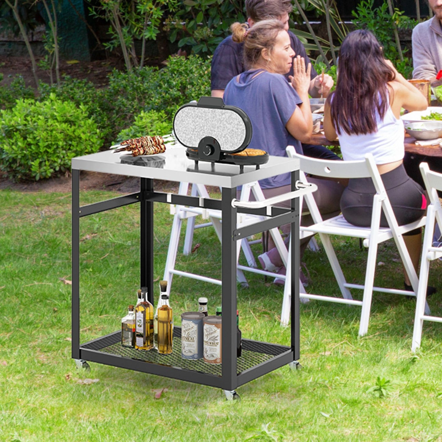 2-Tier Stainless Steel Grill Cart with Wheels and Handle