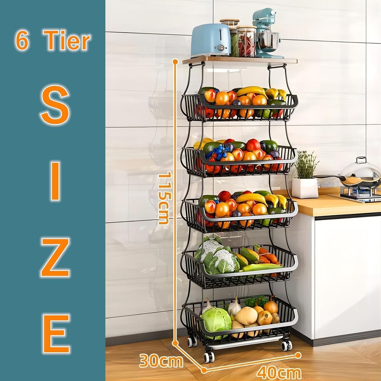 Rolling Storage Trolley with Metal Wire Baskets