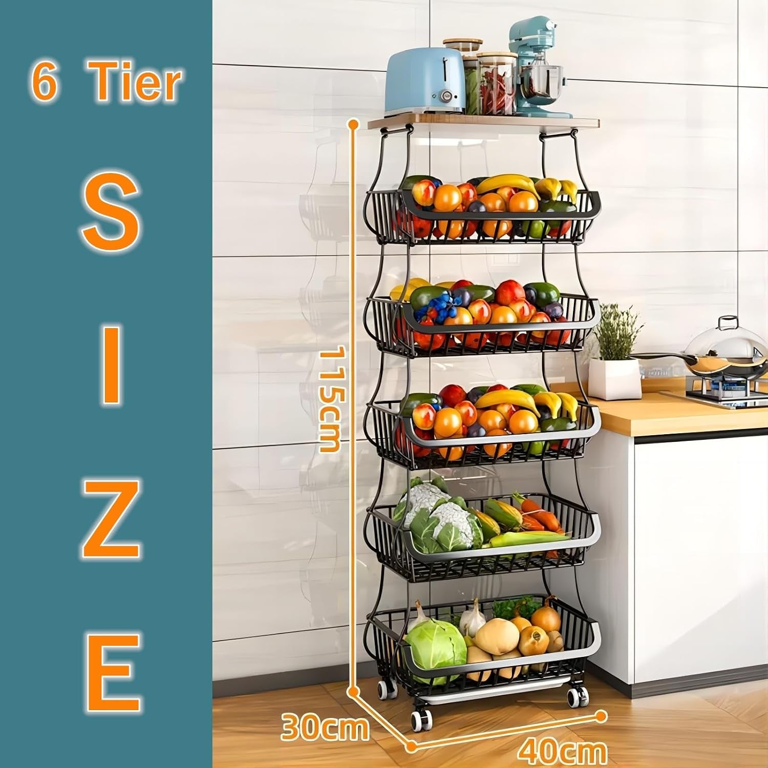 Rolling Storage Trolley with Metal Wire Baskets