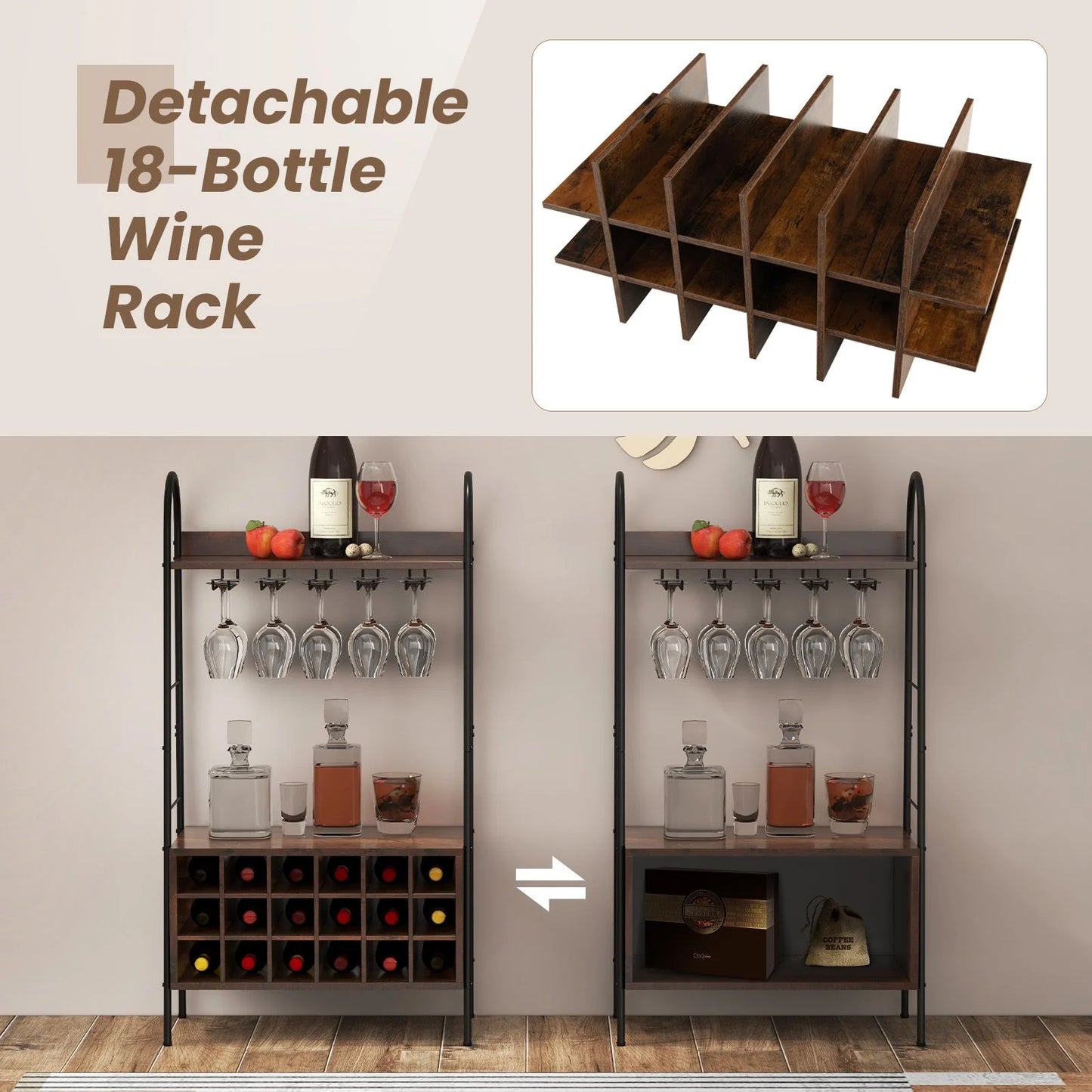 Baker’S Rack with Detachable Wine Rack and 5 Rows of Stemware Holder
