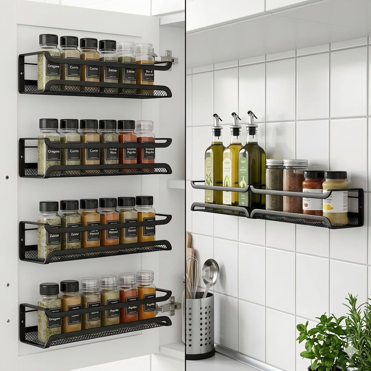 Spice Rack Organiser - 4 Tier Kitchen Wall Mounted Storage Shelves for Spice Jars and Seasoning, Adhesive Hanging Cupboard Door Organizers for Pantry, Black Metal Shelf for Spices & Condiments