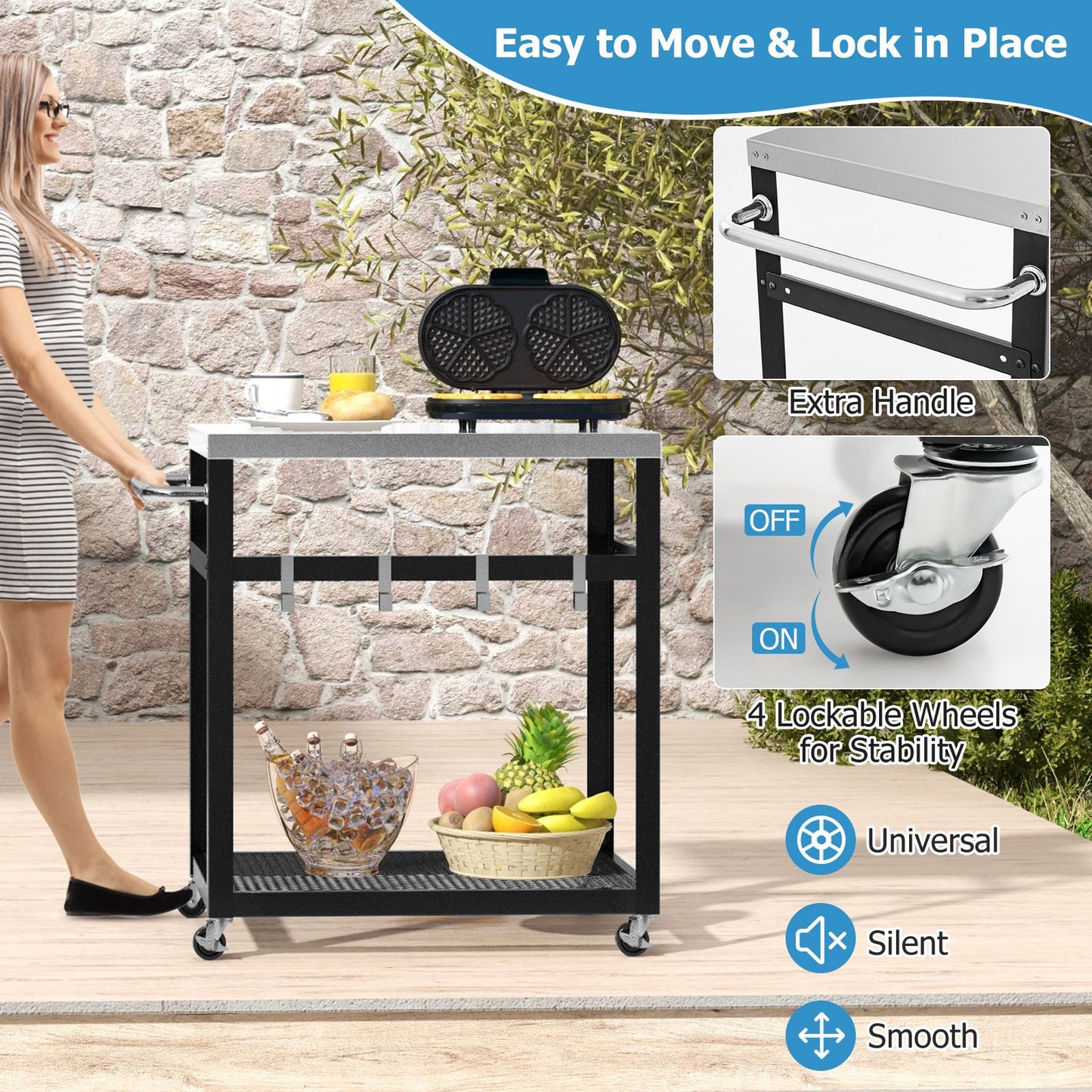 2-Tier Stainless Steel Grill Cart with Wheels and Handle
