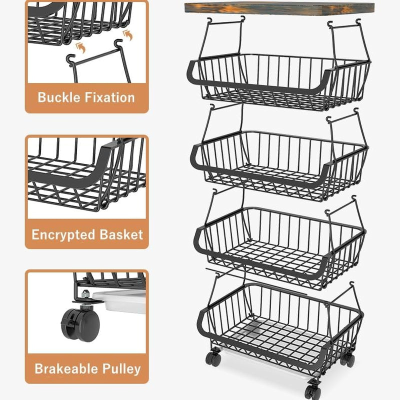 Rolling Storage Trolley with Metal Wire Baskets