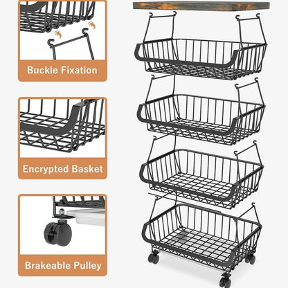 Rolling Storage Trolley with Metal Wire Baskets