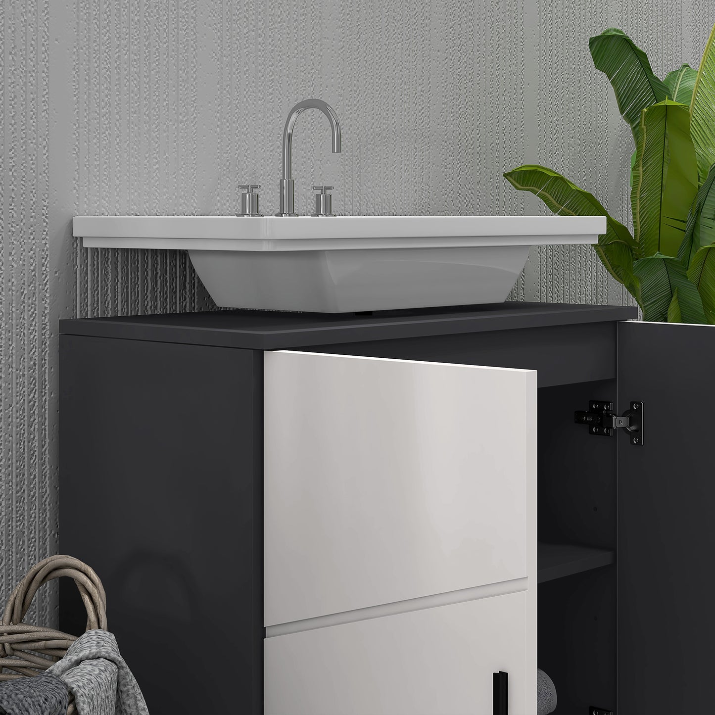 Pedestal Sink Cabinet with Double Doors and Shelf, 60 X 30 X 60 Cm, Light Grey