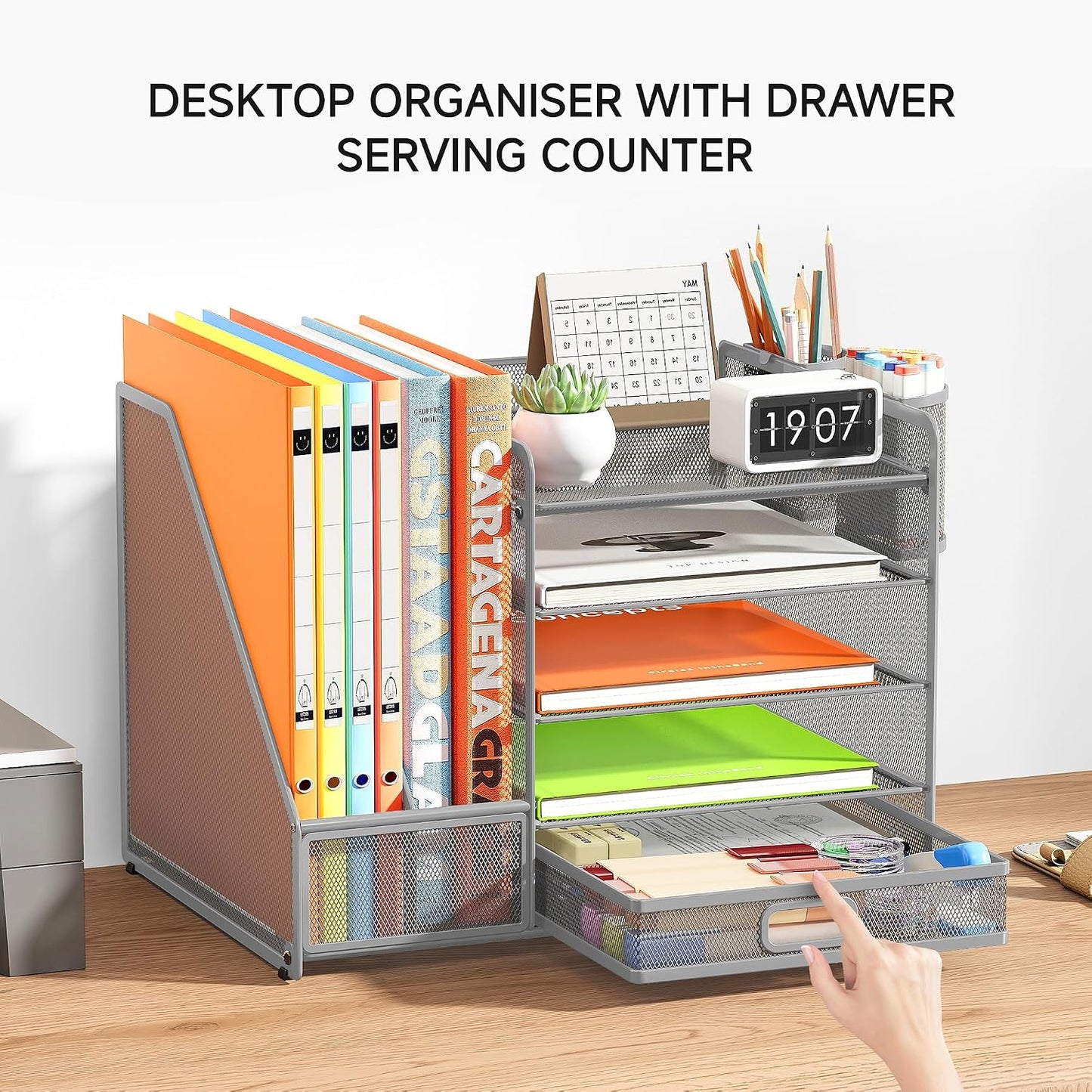 5-Tier Desk Organiser with File Holder, Paper Trays & Drawer- Grey
