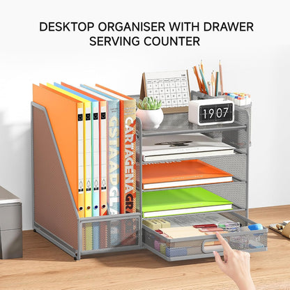 5-Tier Desk Organiser with File Holder, Paper Trays & Drawer- Grey