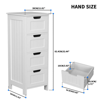 Bathroom Storage Cabinet with 4 Drawers, Wooden Modern Style Free-Standing Cabinet for Bathroom, 30 X 30 X 82 Cm, White