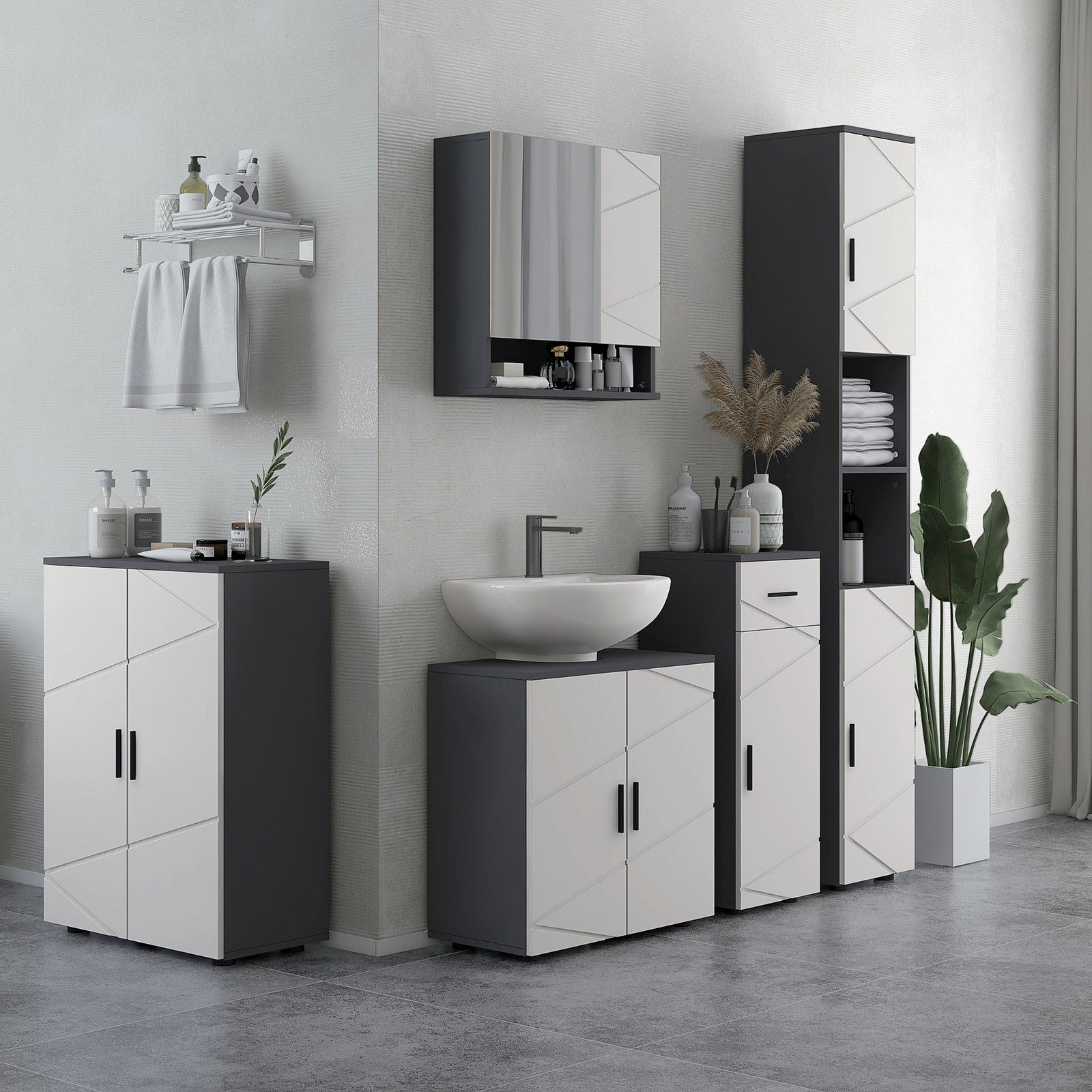 Pedestal Sink Cabinet with Double Doors and Shelf, 60 X 30 X 60 Cm, Light Grey