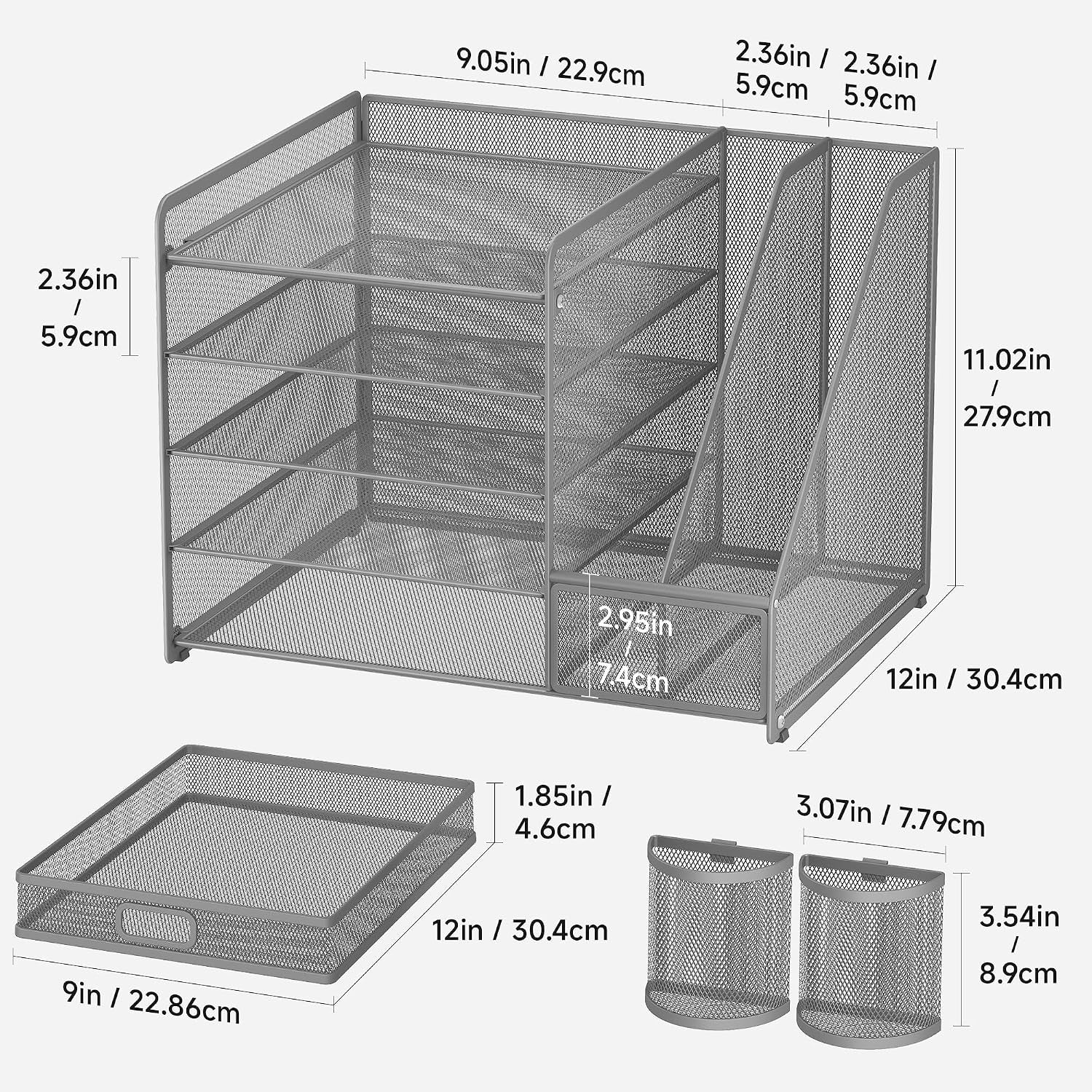 5-Tier Desk Organiser with File Holder, Paper Trays & Drawer- Grey