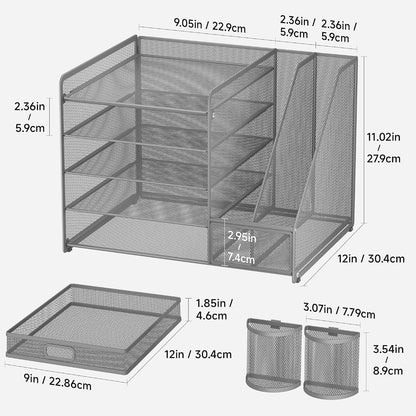 5-Tier Desk Organiser with File Holder, Paper Trays & Drawer- Grey