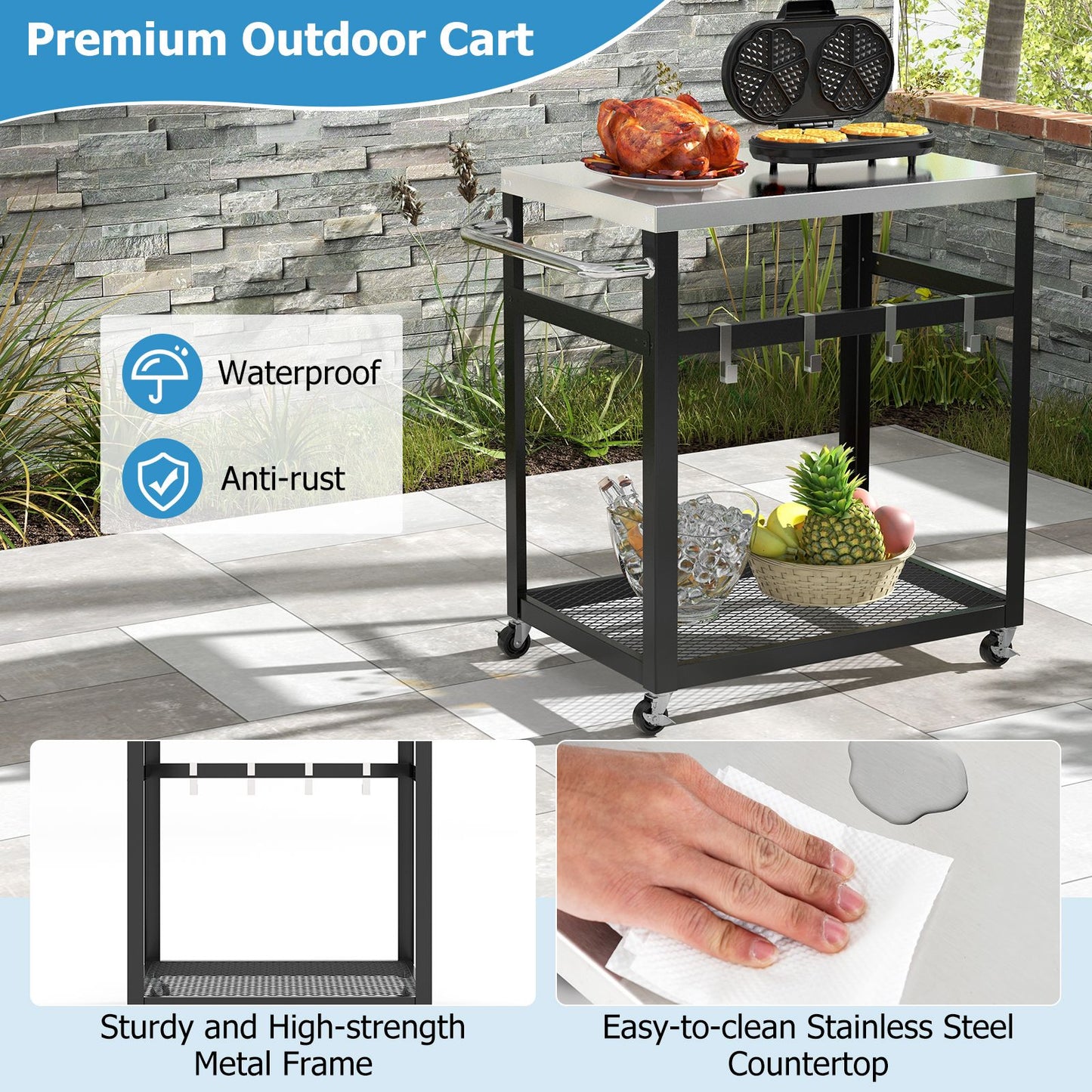 2-Tier Stainless Steel Grill Cart with Wheels and Handle