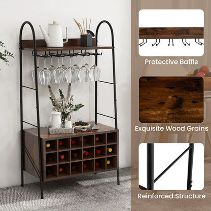 Baker’S Rack with Detachable Wine Rack and 5 Rows of Stemware Holder