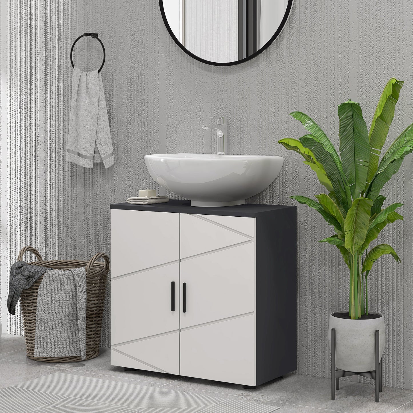 Pedestal Sink Cabinet with Double Doors and Shelf, 60 X 30 X 60 Cm, Light Grey