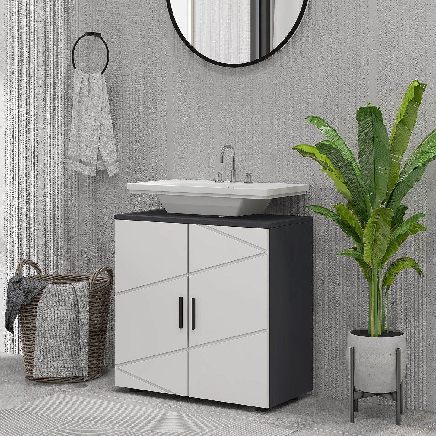 Pedestal Sink Cabinet with Double Doors and Shelf, 60 X 30 X 60 Cm, Light Grey