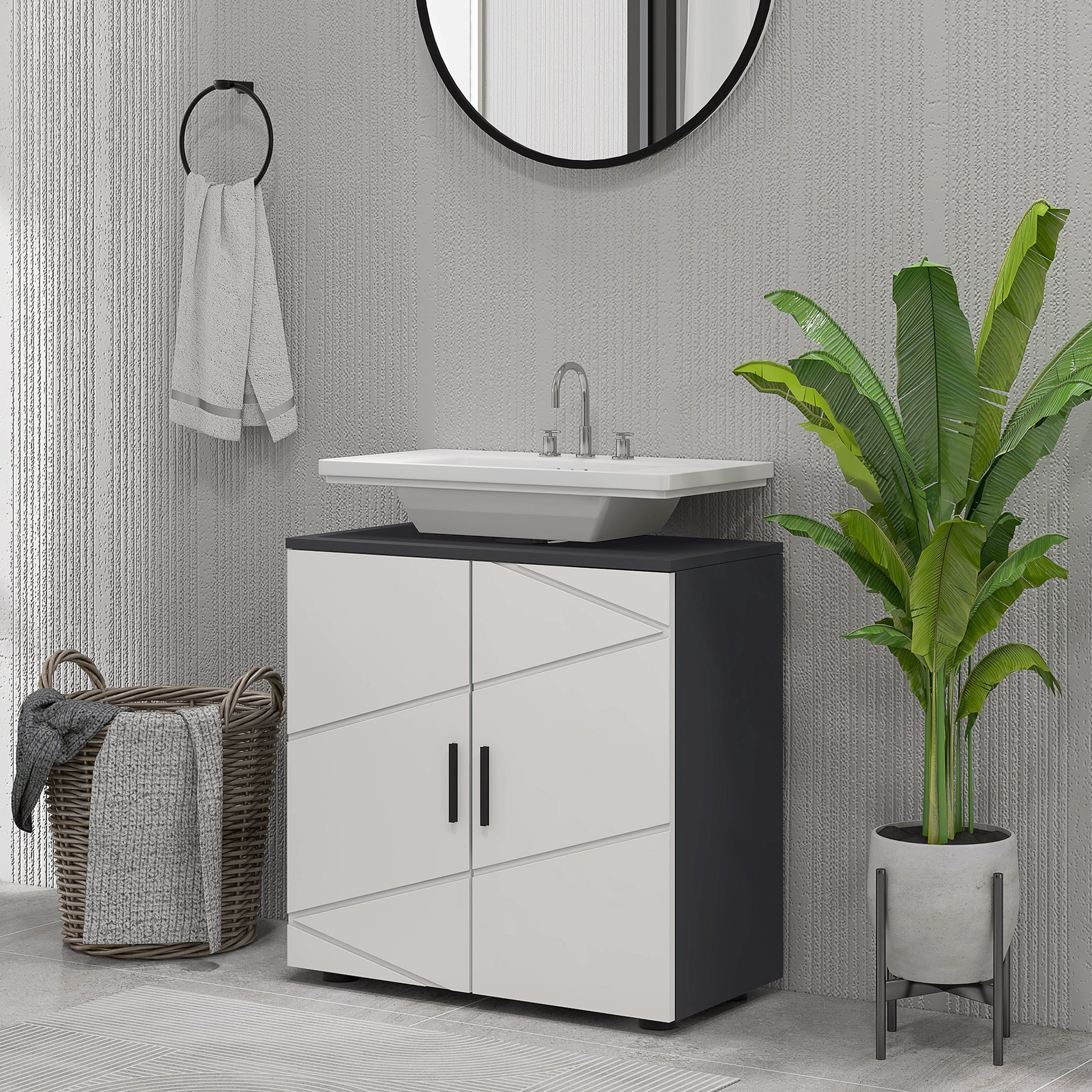 Pedestal Sink Cabinet with Double Doors and Shelf, 60 X 30 X 60 Cm, Light Grey