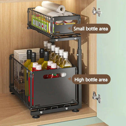 2 Tier Adjustable Pull Out under Sink Organizer Slide Drawer Kitchen Spice Jar Storage Rack Cabinet Shelf