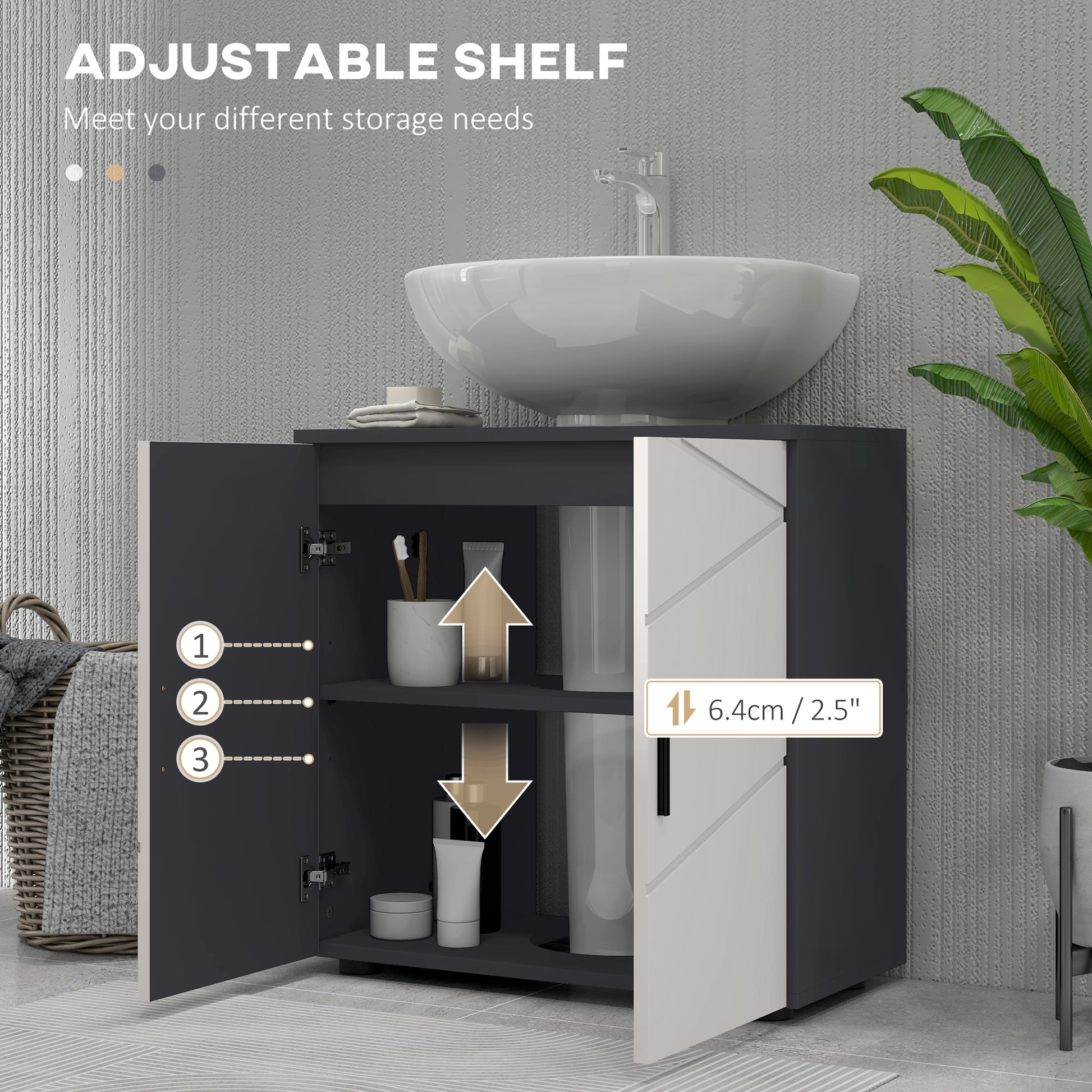 Pedestal Sink Cabinet with Double Doors and Shelf, 60 X 30 X 60 Cm, Light Grey